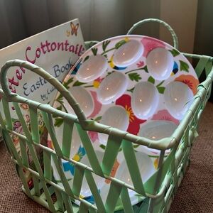 Vintage Wire Basket Mint Green satin threaded with Book and Deviled Egg Plate
